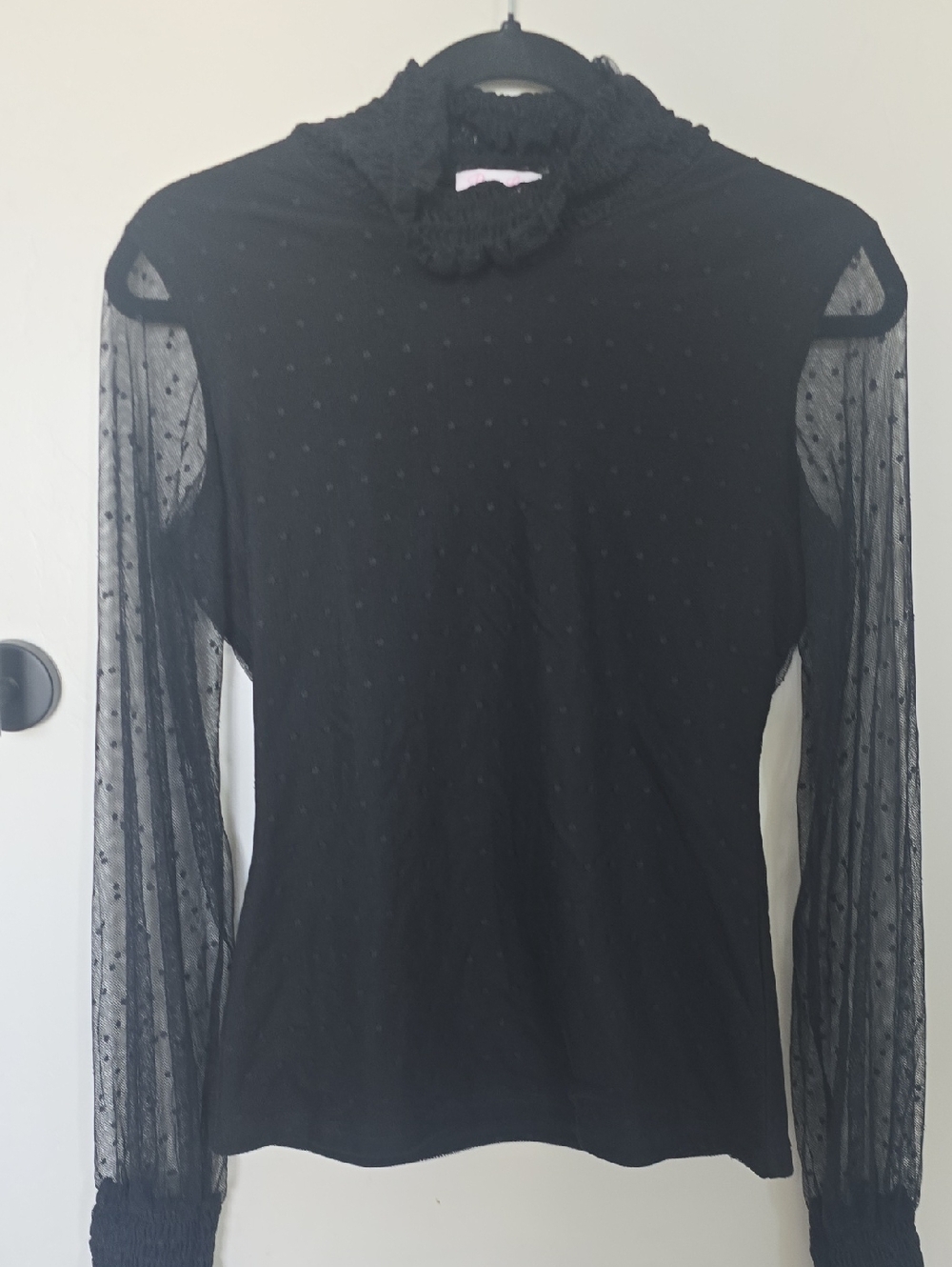 Pink Lily Black Sheer Dot Mock Neck Long Sleeve Top